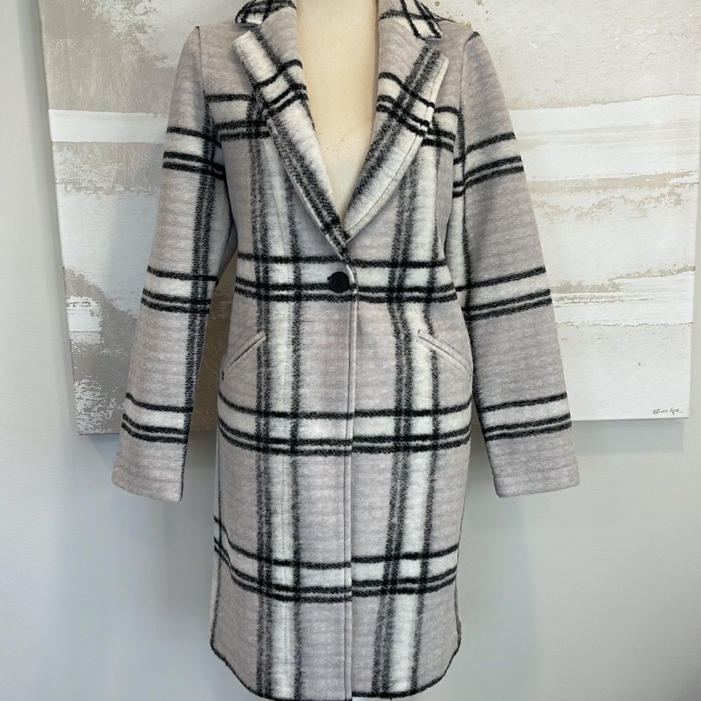 Rachel Zoe Wool Coat Black Plaid White Gray Size S NWT